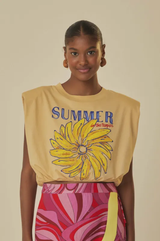 Beige Summer In The Tropics Shoulder Pad Organic Cotton T-Shirt sold by FARM Rio