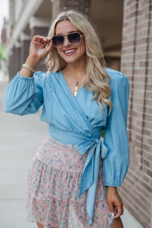 Per Diem Light Wash Chambray Wrap Blouse FINAL SALE sold by Pink Lily
