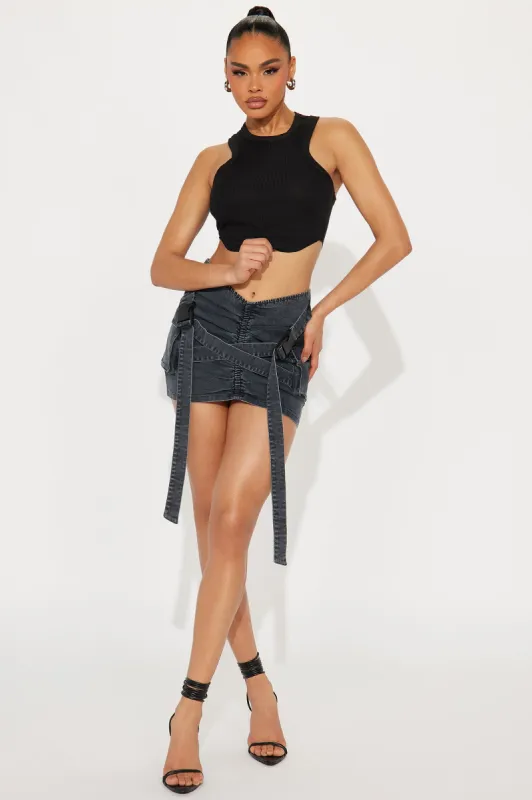 Street Scene Strap Denim Micro Mini Skirt - Black Wash sold by Fashion Nova