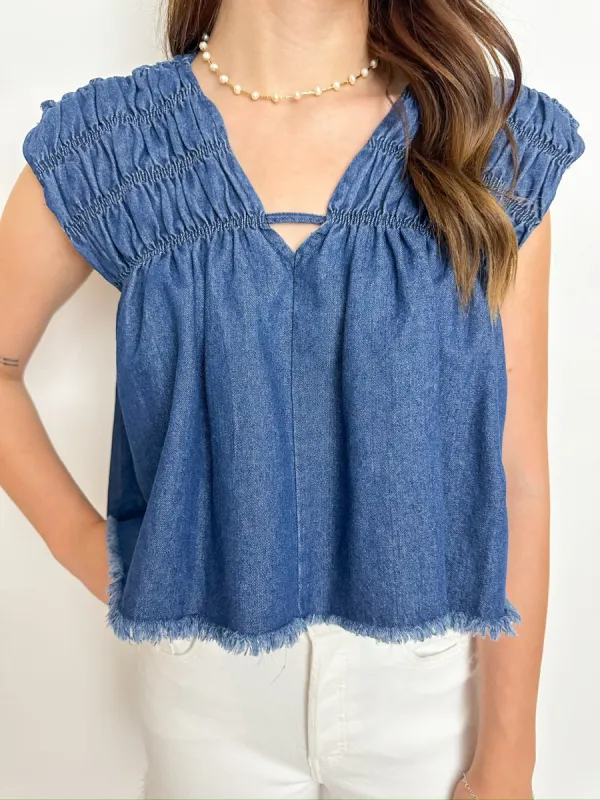 Hayden Smocked Denim Top sold by Mimosa