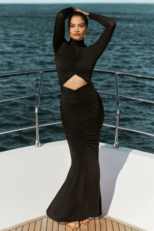 Pia Slinky Long Sleeve Cutout Maxi Dress - Black sold by Meshki