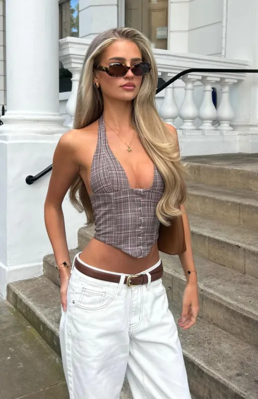 Throw It Away Bustier Mocha Check sold by White Fox Boutique