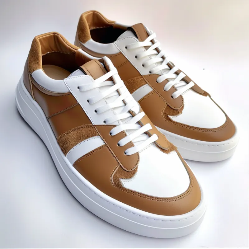 Brown & White Leathe Foot Fashion Lace-Up Sneakers with White Sole - Summer 2024 Collection sold by Costoso Italiano