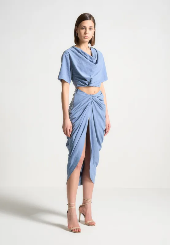 Asymmetric Drape Midaxi Skirt - Blue sold by Maniere De Voir