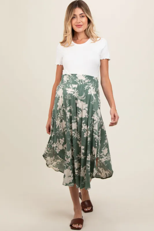 Jade Floral Embroidered Smocked Round Hem Maternity Midi Skirt sold by Pinkblush