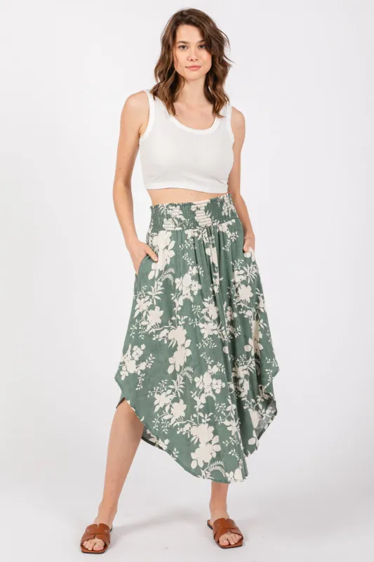 Jade Floral Embroidered Smocked Round Hem Midi Skirt sold by Pinkblush