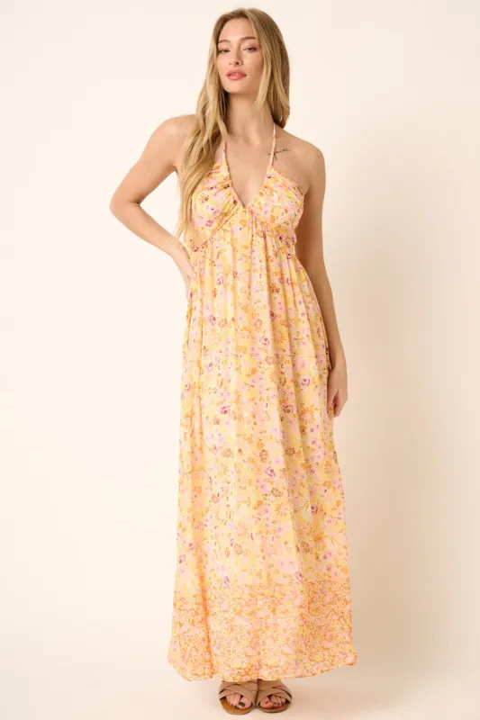 Orange Combo Flower Border Print Ruching Detail Maxi Dress sold by Pinkblush