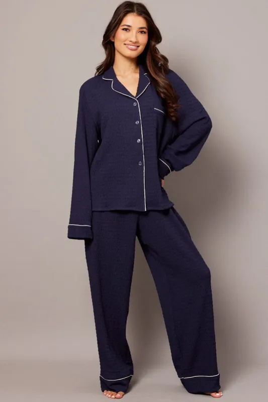 Blue PJ Set Long Leg Contrast Piping Textured Fabric sold by Ally Fashion