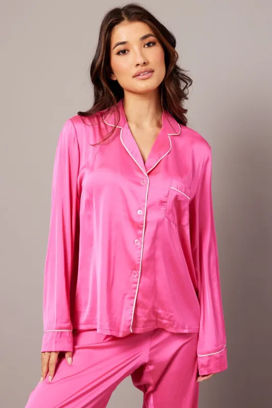 Pink Satin Pyjama Contrast Piping Long Leg Pj Set sold by Ally Fashion
