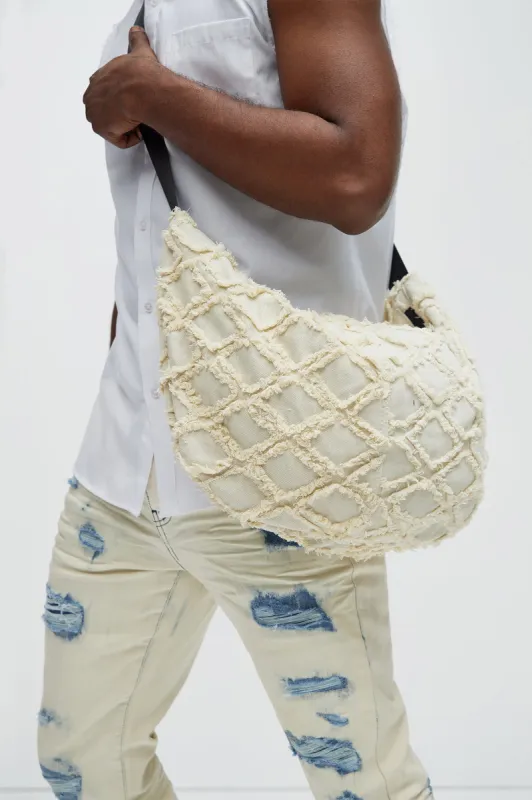 Frayed Denim Sling Bag - White sold by Fashion Nova