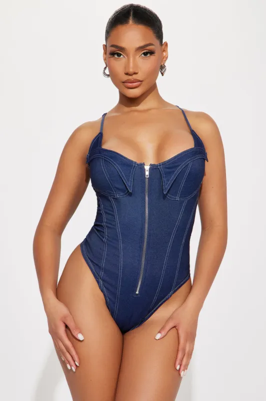 Latest Obsession Bodysuit - Denim sold by Fashion Nova
