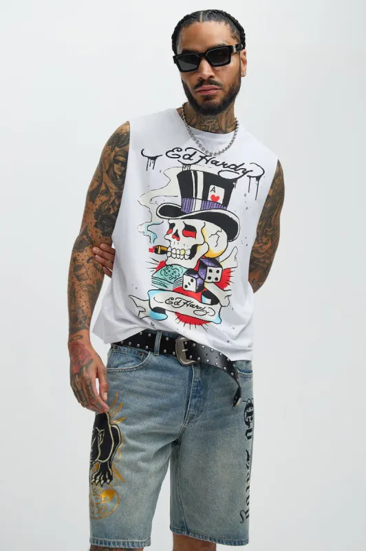 Ed Hardy Skull Top Hat Muscle Tee - White sold by Fashion Nova