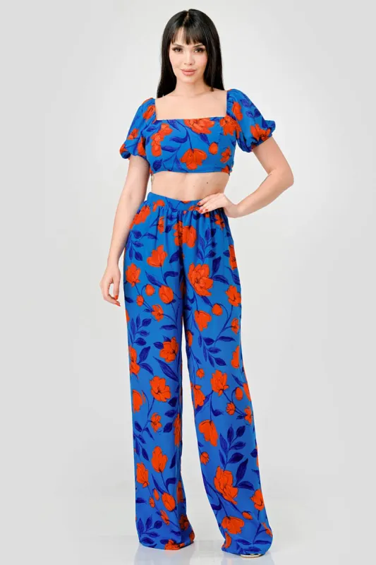 FLORAL PRINT WOOL PEACH CROP TOP & PANTS SET sold by privy