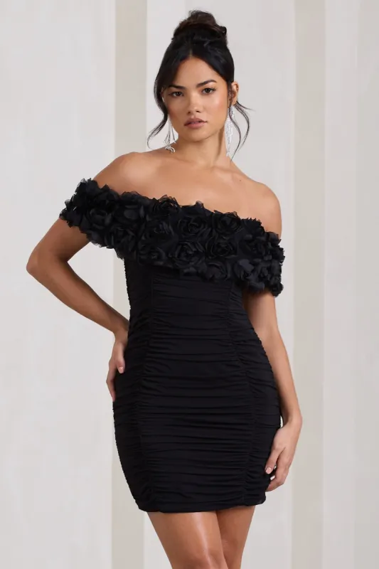 Pass A Glass | Black Ruched Bardot Micro Mini Dress With Flowers sold by Club L London
