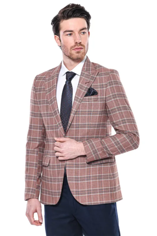 Checked Single Button Burgundy Men Blazer - Wessi sold by Wessi
