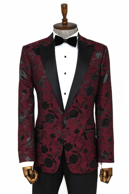 Floral Patterned Burgundy Men Dinner Jacket - Wessi sold by Wessi