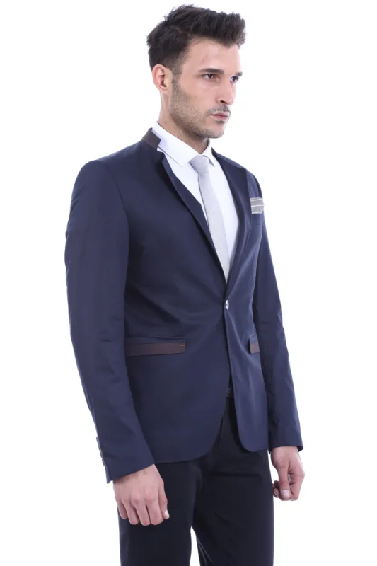 Single Button Standing Collar Navy Blue Men Blazer - Wessi sold by Wessi