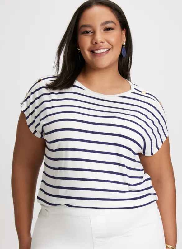 Buttoned Shoulder Striped T-Shirt sold by Laura