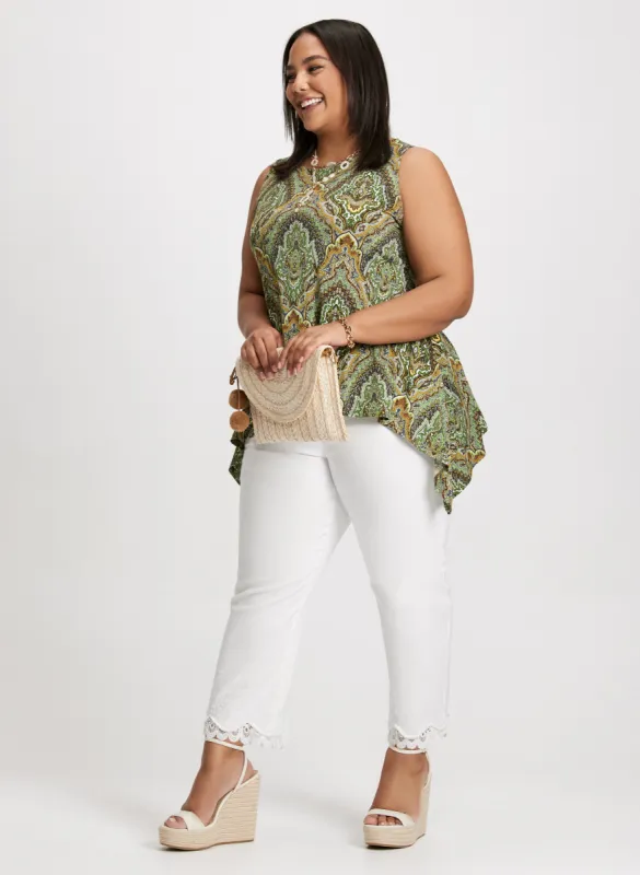 Sleeveless Paisley Top & Lace Hem Denim Capris sold by Laura