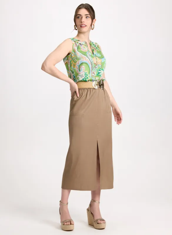 Paisley Sleeveless Blouse & Front Slit Midi Skirt sold by Laura