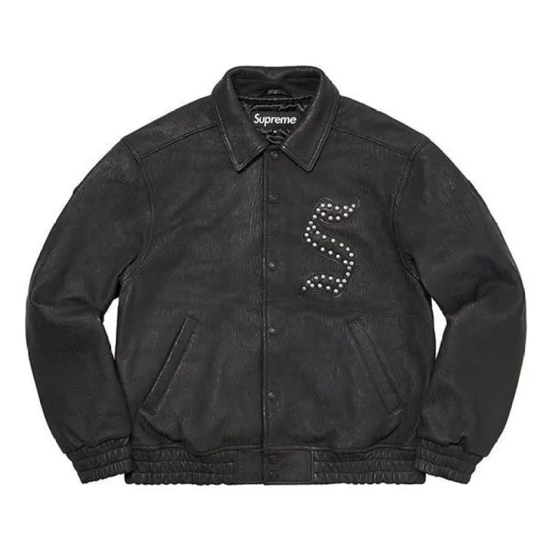 Supreme Pebbled Leather Varsity Jacket 'Black White' SUP-FW21-126 sold by KicksCrew