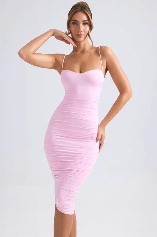 Asymmetric Ruched Midi Dress in Light Pink sold by Oh Polly