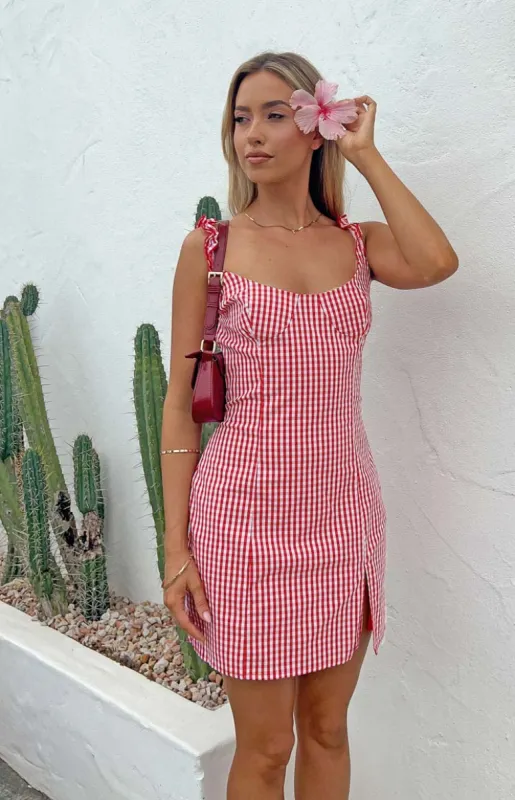 Rihanna Red Check Mini Dress sold by Beginning Boutique