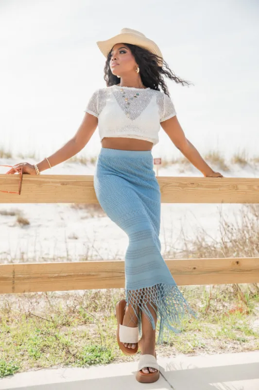 Clover Fields Blue Fringe Hem Knit Maxi Skirt FINAL SALE sold by Pink Lily