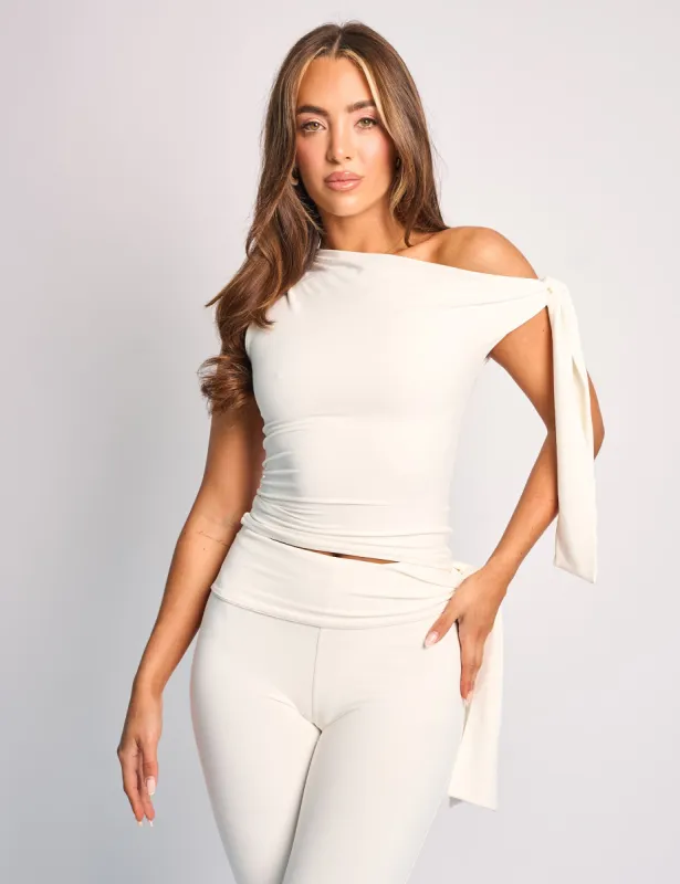 Knot Detail Asymmetric One Shoulder Luxe Slinky Top White sold by Public Desire
