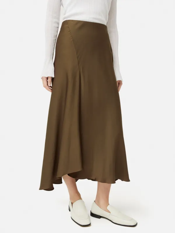 Satin Bias Asymmetric Skirt | Dark Khaki sold by Jigsaw