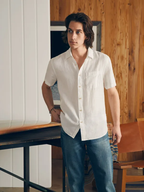 Short-Sleeve Palma Linen Shirt (Tall) - Bright White Basketweave sold by Faherty