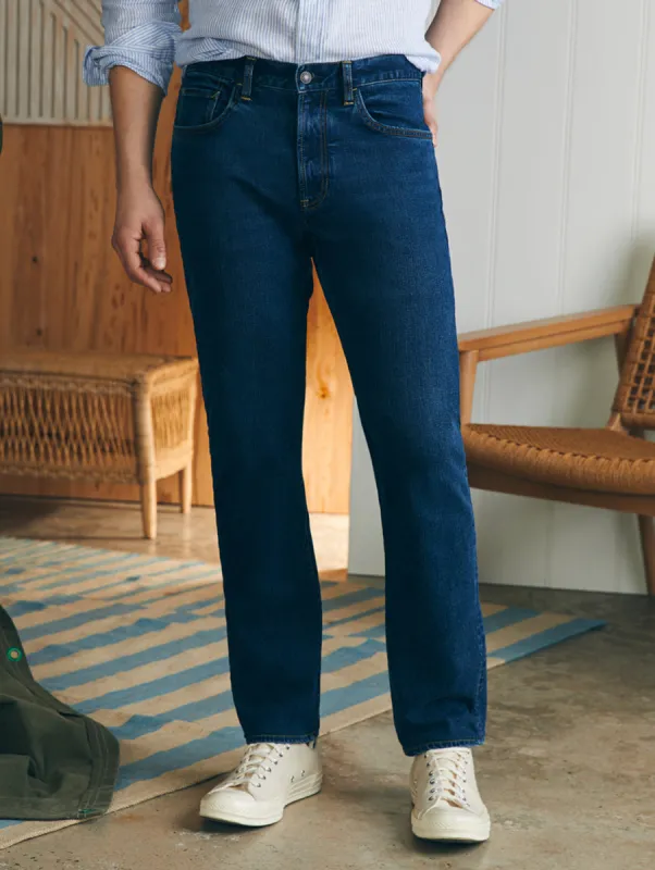 Organic Cotton Slim Straight Denim (34" Inseam) - Cove Point Wash sold by Faherty