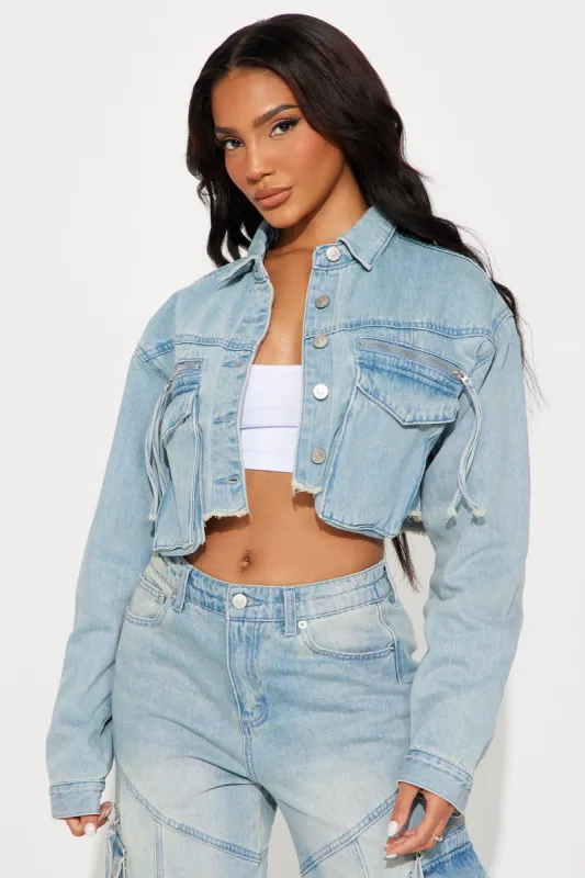 Devil In Disguise Cargo Denim Jacket - Light Wash sold by Fashion Nova