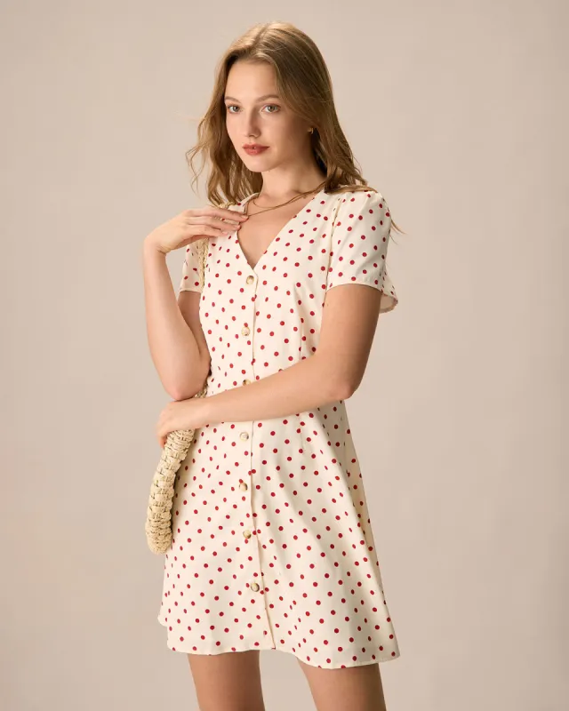 The Beige Polka Dot Button Mini Dress sold by rihoas