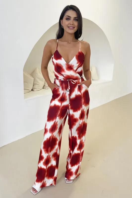 Rust Printed Strappy Tie Waist Jumpsuit sold by AX Paris