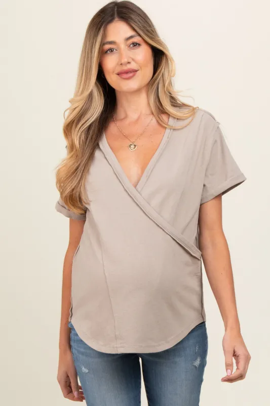 Taupe Wrap Short Sleeve Raw Hem Maternity Top sold by Pinkblush