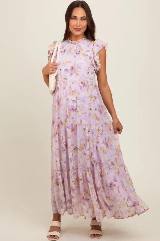 Lavender Floral Chiffon Ruffle Shoulder Tiered Maternity Maxi Dress sold by Pinkblush