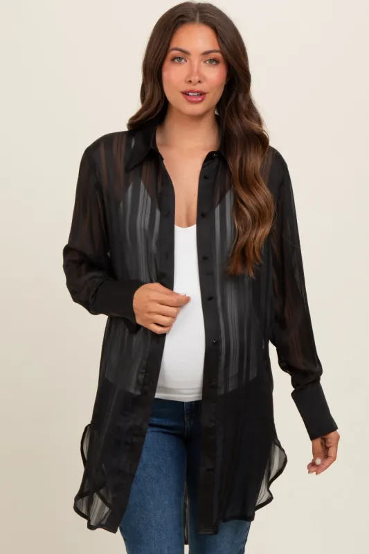 Black Sheer Stripe Button Down Maternity Blouse sold by Pinkblush