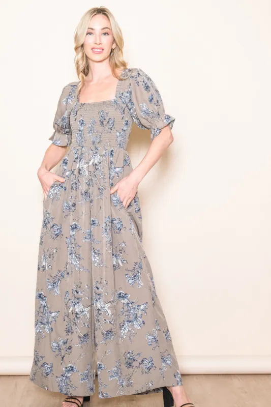Taupe Floral Smocked Square Neck Wide Leg Jumpsuit sold by Pinkblush