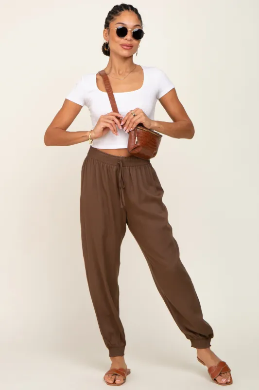 Brown Drawstring Accent Joggers sold by Pinkblush