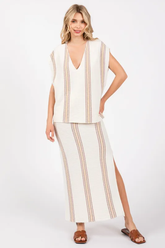 Ivory Striped Knit V-Neck Midi Skirt Set sold by Pinkblush