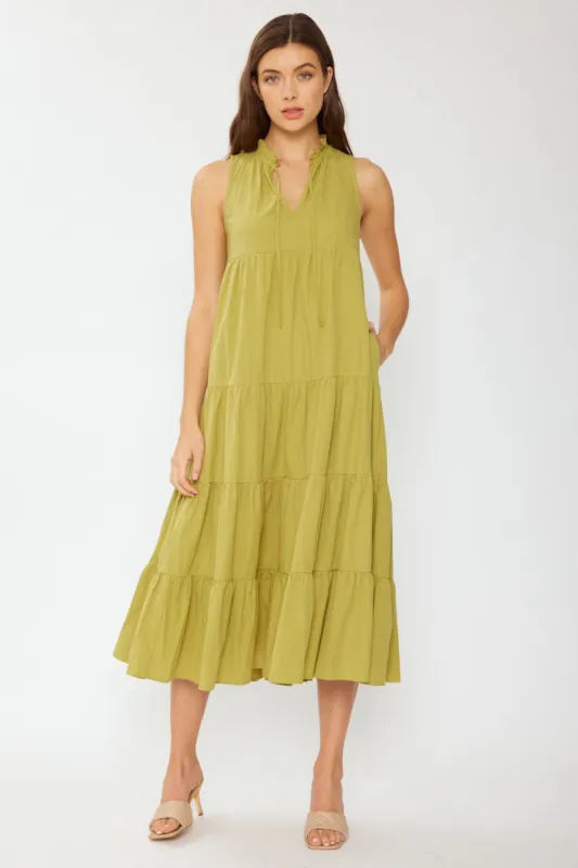 Green Tiered Linen Blend Solid Midi Dress sold by Pinkblush