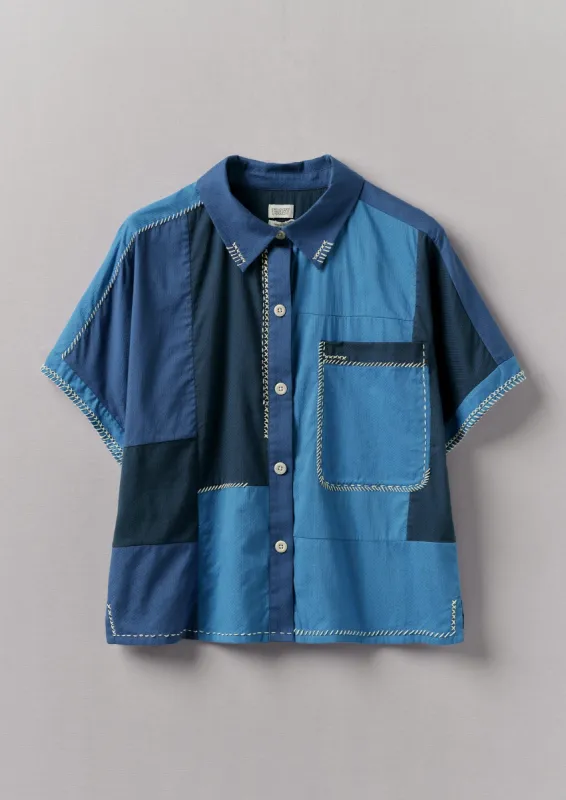 Hand Embroidered Cotton Patchwork Shirt | Mixed Blues sold by TOAST