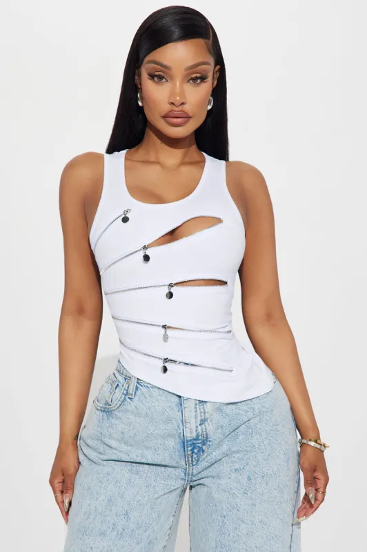 Name Your Game Zipper Top - White sold by Fashion Nova