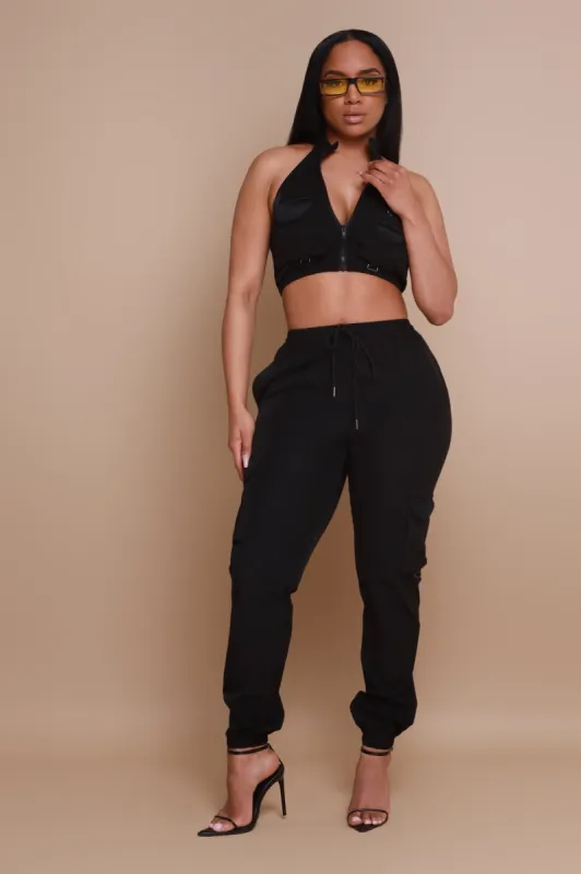 Reconnect Cropped Cargo Pants Set - Black sold by Swankaposh