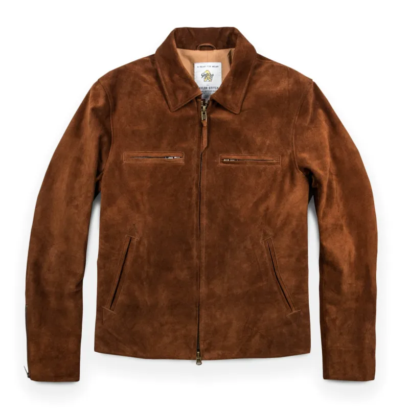 The Moto Jacket in Tobacco Weatherproof Suede sold by Taylor Stitch