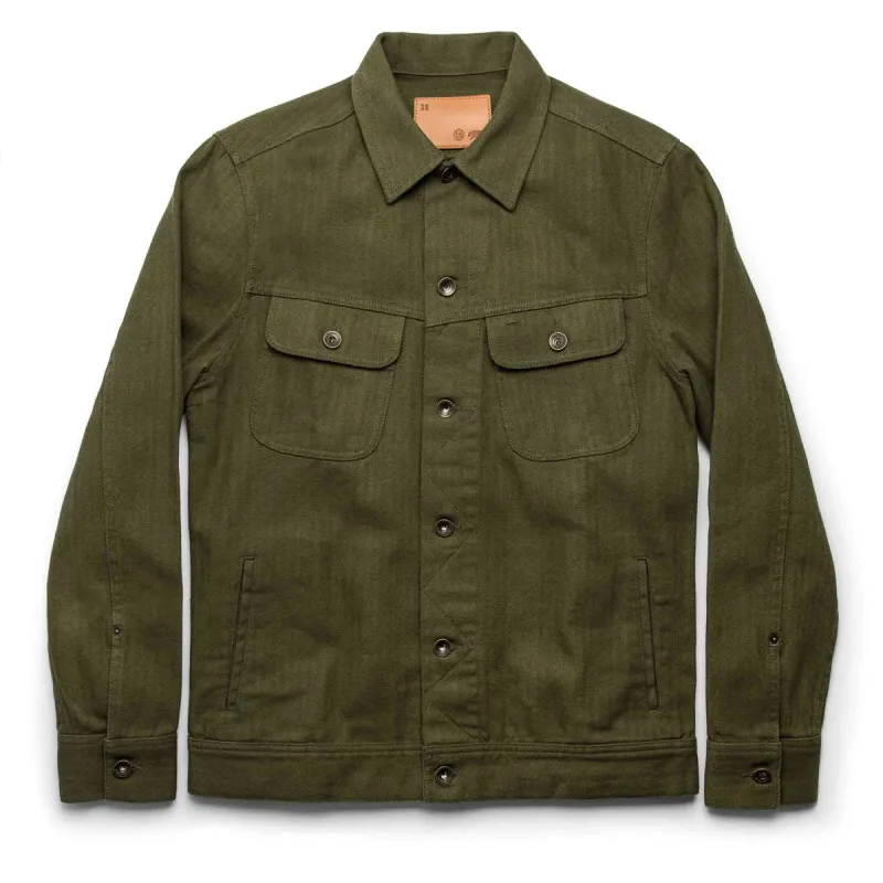 The Long Haul Jacket in Washed Olive Herringbone sold by Taylor Stitch