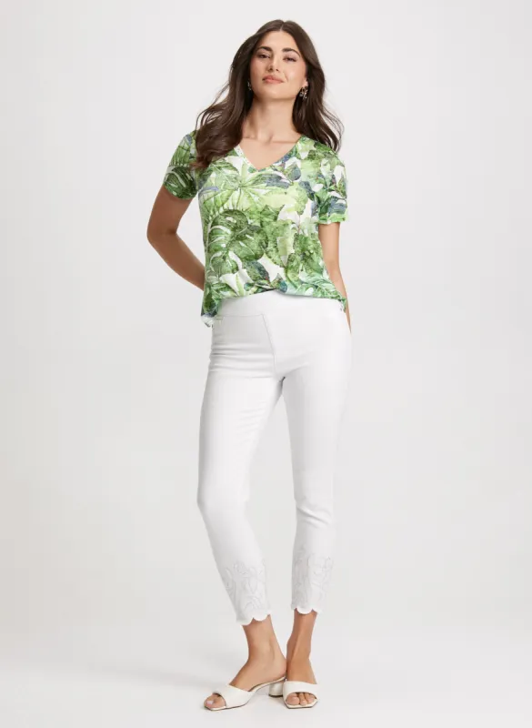 Leaf Print V-Neck Tee & Embroidered Hem Pants sold by Laura