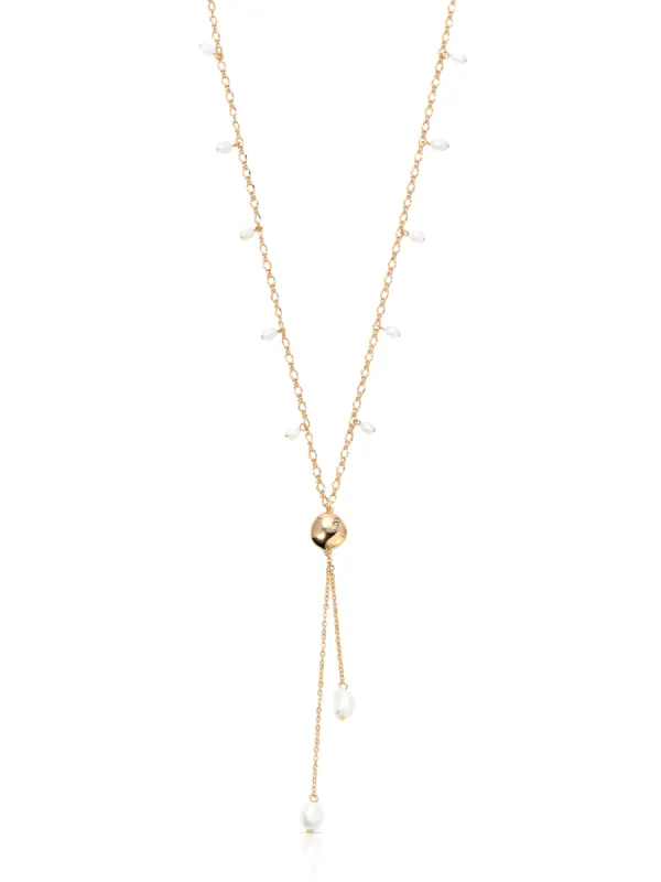 Pebble and Freshwater Pearl Lariat sold by ettika