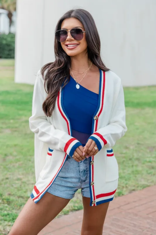 My Favorite Holiday Ivory Multi Striped Trim Cardigan sold by Pink Lily